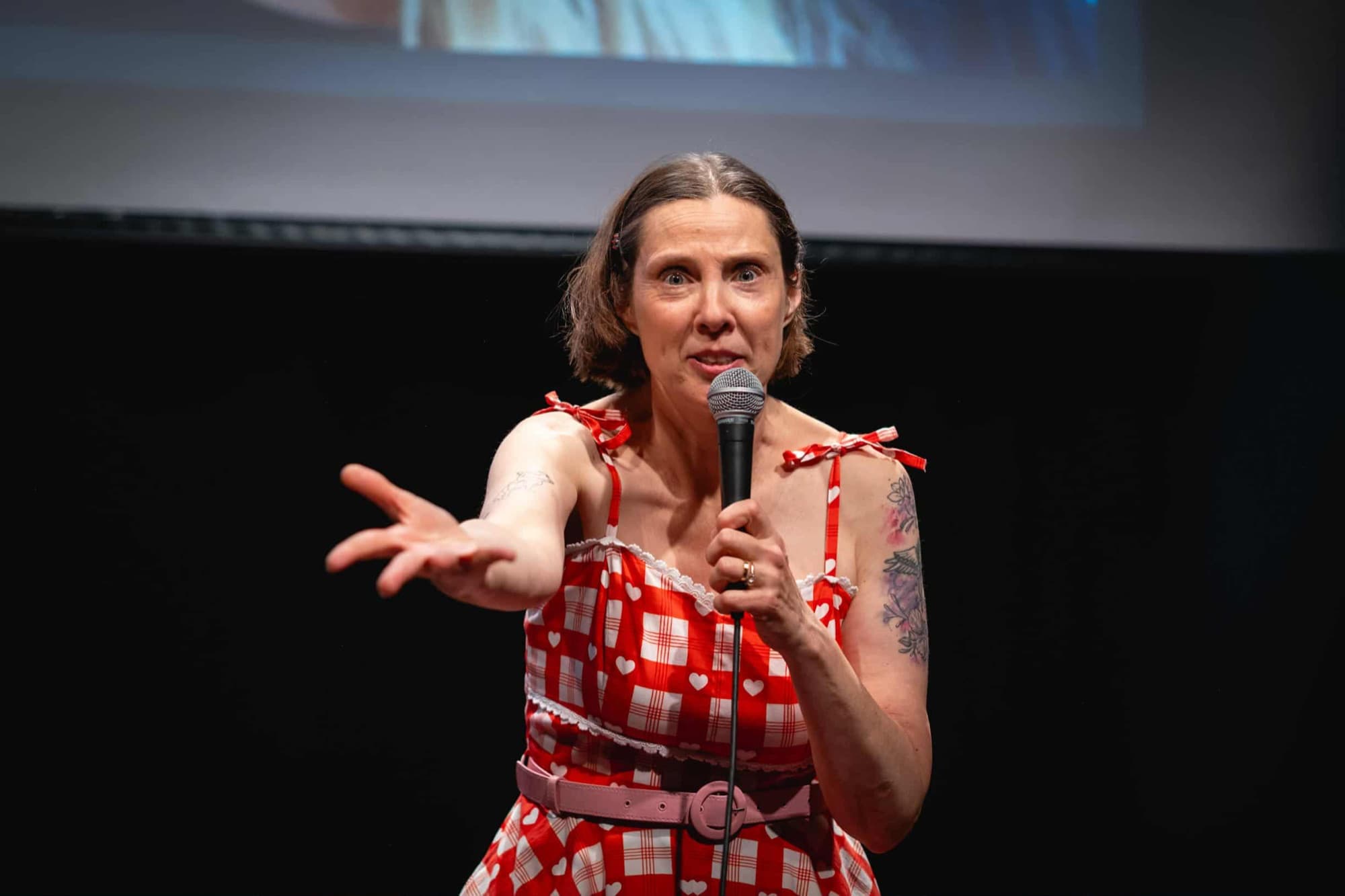 Marie-Pierre Poirier humoriste en lien avec le public.